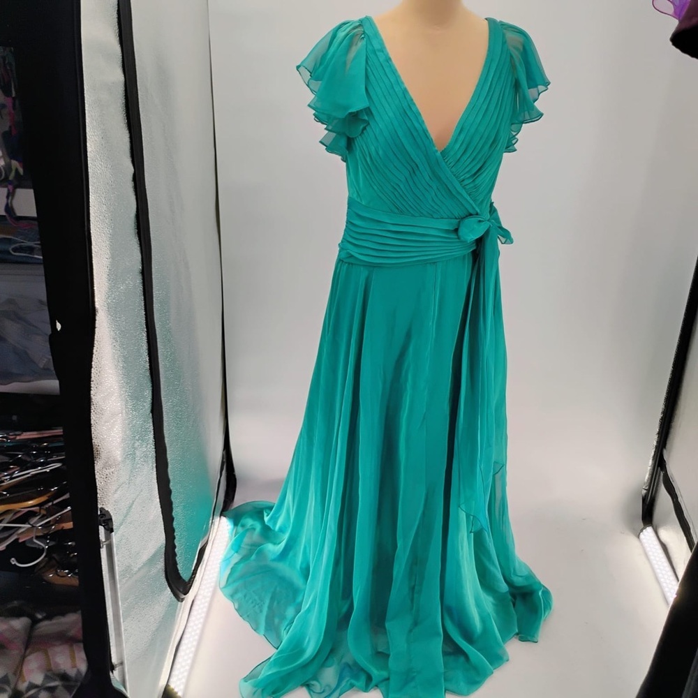 Tadashi Shoji iridescent ruffled green evening gown